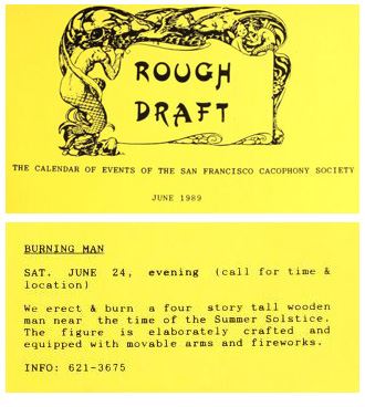 Annonce de l’édition 1989 de Burning Man à Baker Beach dans le bulletin d’information de la Cacophony Society « Rough Draft ».