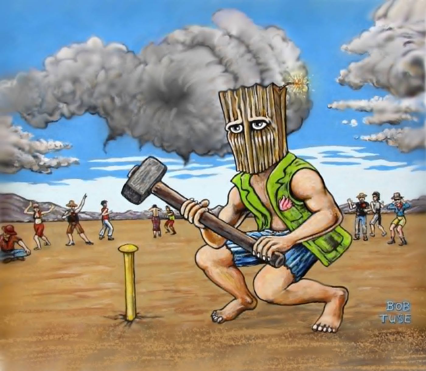 Peinture acrylique de Bob Tuse, retravaillée numériquement, représentant le Golden Spike, l’année du thème de Burning Man, Radical Ritual en 2017. Source : Inst