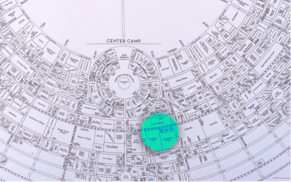 Carte de BRC montrant la localisation voisine (colorée en vert) des campements DPW (DPW Ghetto) et Gate (The Black Hole). Photo de la carte : F. Muguet, 2016. I