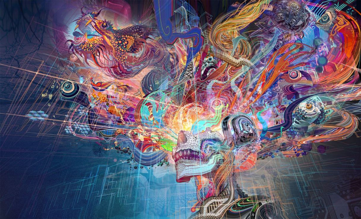 Photo de Forward Escape d’Android Jones, œuvre exposée au festival Lightning in a Bottle (LIB), mai 2015, Bradley, Californie. © Android Jones – www.androidjone