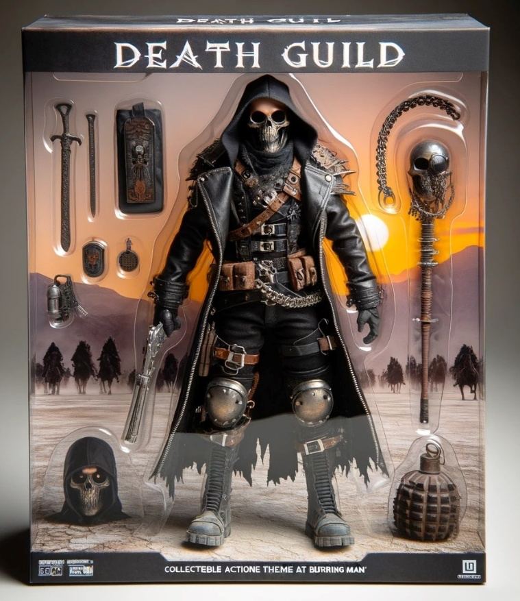 Caricature d’un membre de Death Guild sous la forme de figurine action. Auteur : Mark Day. Source : Facebook public de Mark Day.