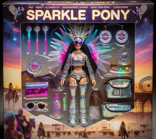 Figurine caricaturale du Sparkle Pony à Burning Man. Auteur : Mark Day. Source : Facebook public de Mark Day.